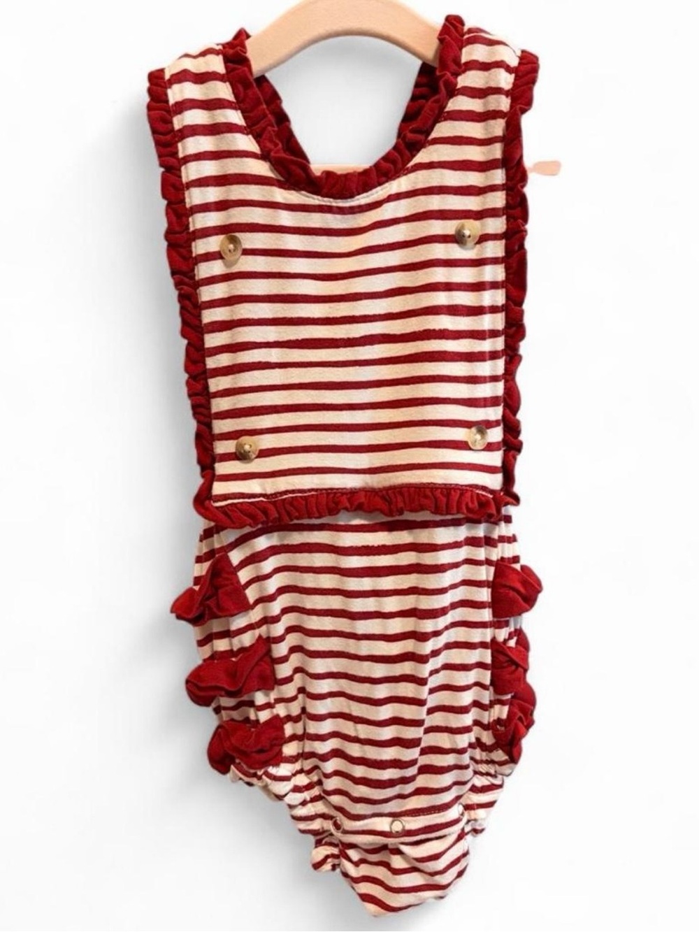 Kate Quinn Nautical Red & Cream Striped Ruffle Baby Romper | 6-12 months